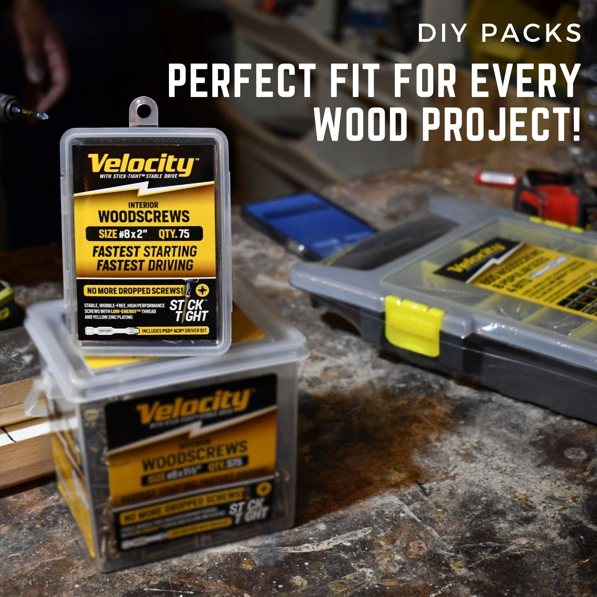 Velocity Interior 1 1/2 Inch Wood Screws DIY Pack (Size #6, 200 Pcs) – Zinc and Yellow Coating, Stick-Tight Technology, Screw for Wood Working with PSD ACR Driver Bit - Image 3